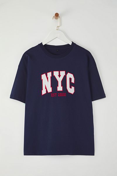 Trendyol Collection Navy Blue Embroidered Oversize Knitted T-Shirt - 100% Cotton Twoss25Ts00069