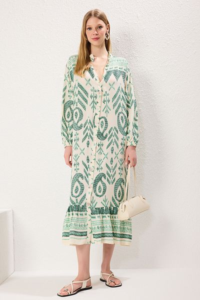 Trendyol Collection Χακί Μίντι Φαρδύ Κοψίδι Μοτίβο Λεπτομερές Υφαντό Φόρεμα TWOSS24EL01019