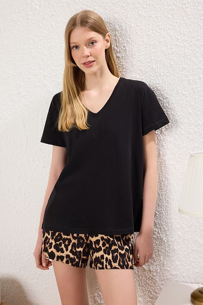Trendyol Collection Black Animal Single Jersey Shorts Knitted Pajamas Set Thmss25Pt00362