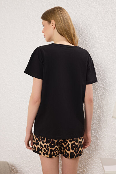 Trendyol Collection Black Animal Single Jersey Shorts Knitted Pajamas Set Thmss25Pt00362