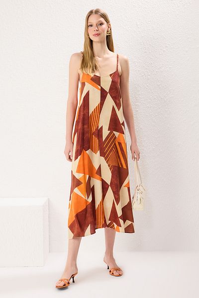 Trendyol Collection Καφέ γεωμετρικό ίσιο φόρεμα μίντι υφαντό TWOSS25EL00044