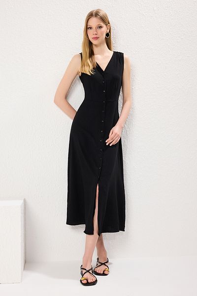 Trendyol Collection Czarna, guzikowa, bezrękawa, tkana sukienka koszulowa midi Twoss24El00442