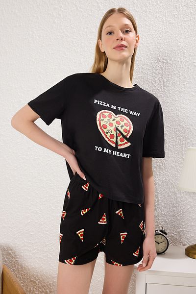 Trendyol Collection Black Printed Piece Print Single Jersey Shorts Knitted Pajamas Set Thmss25Pt00333