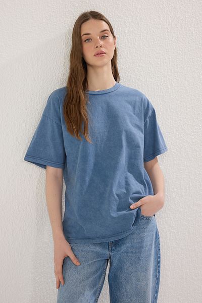 Trendyol Collection Tricou Indigo Crew Gât 100% bumbac Wide Fit - Efect decolorat, TWOSS23TS00112