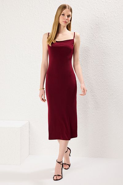 Trendyol Collection Rochie creion tricotată flexibilă, cu guler demagnetizat, burgundy, TWOSS19AD0020