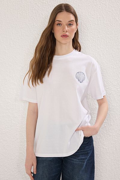 Trendyol Collection Tricou alb tricotat supradimensionat/larg imprimat pe spate TWOSS25TS00106