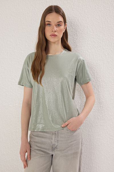 Trendyol Collection Ανοιχτόχρωμη πλεκτή μπλούζα χακί με στάμπα με φύλλο - κανονική εφαρμογή TWOSS24BZ00097