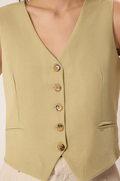 Trendyol Collection Khaki Oversize V-Neck Linen Look Vest Twoss25Ye00085