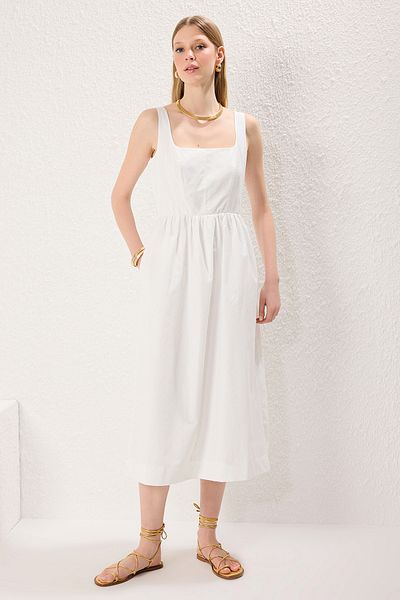 Trendyol Collection White Waist Opening Corset Stitching Detail Lined Midi Woven Dress Twoss24El00038