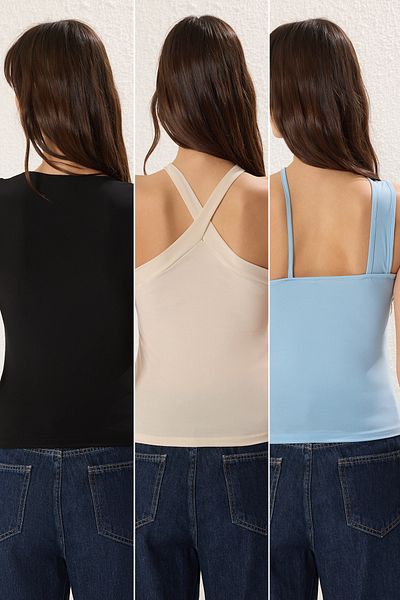 Trendyol Collection Μαύρη Πέτρα Μπλε - Μπλούζα με ελαστική ραβδώσεις 3 συσκευασιών TWOSS25BZ00440