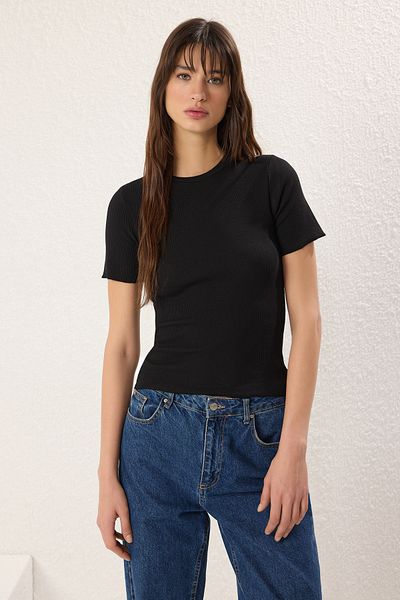 Trendyol Collection Μαύρο-ανθρακί-εκρού 3-συσκευασία ελαστική πλεκτή μπλούζα με ραβδώσεις TWOSS25BZ00441