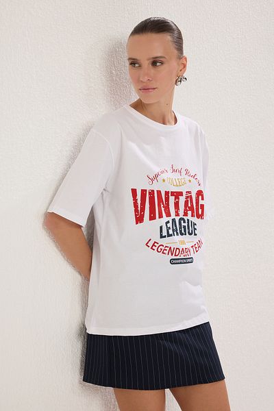 Trendyol Collection Ecru Slogan Printed 100% Cotton Oversize T-Shirt - Twoss25Ts00178
