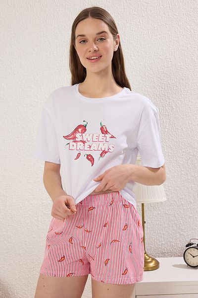 Trendyol Collection Weiß bedrucktes Single-Jersey-Strick-Pyjama-Set mit Shorts THMSS25PT00261
