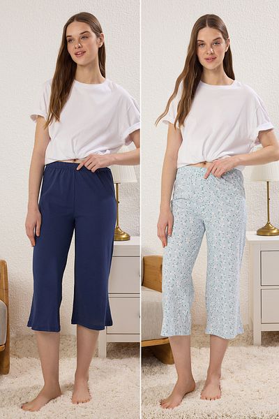 Trendyol Collection Blauer und mehrfarbiger 2-teiliger gestrickter Capril-Pyjama aus Baumwolle mit Blumenmuster