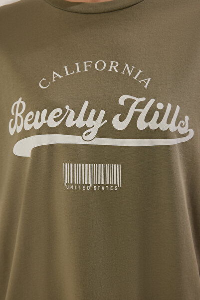 Trendyol Collection Χακί Πλεκτό μπλουζάκι με στάμπα από χοντρό βαμβάκι TWOSS25TS00121