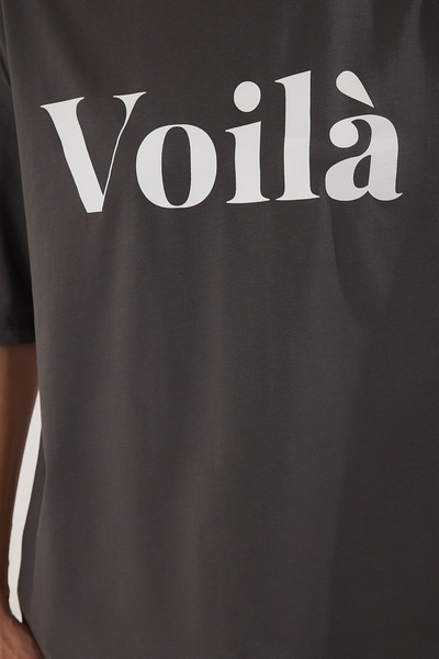 Trendyol Collection Anthracite Slogan Printed 100% Cotton Oversize T-Shirt - Twoss25Ts00179