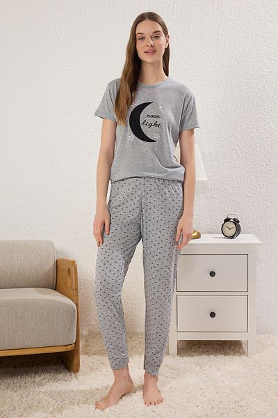 Trendyol Collection Grau meliertes Galaxy Single Jersey-Strick-Pyjama-Set THMSS25PT00385