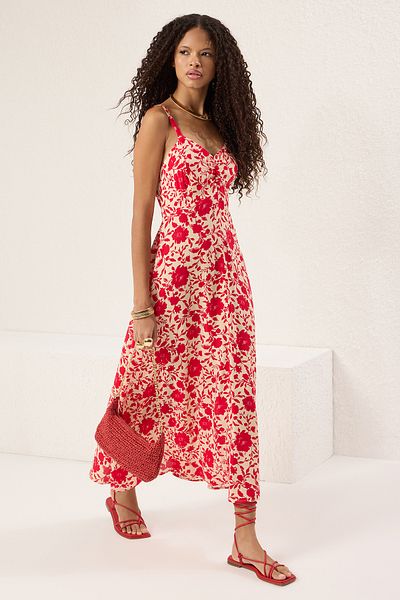 Trendyol Collection Roter Blumenrock, gewebtes Midi-Kleid mit Gipsverschluss an der Taille TWOSS25EL00036