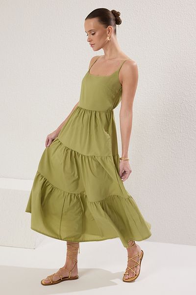 Trendyol Collection Πράσινο βαμβακερό μείγμα λαδιού - Maxi φόρεμα που ανοίγει στη μέση TWOSS24EL00386