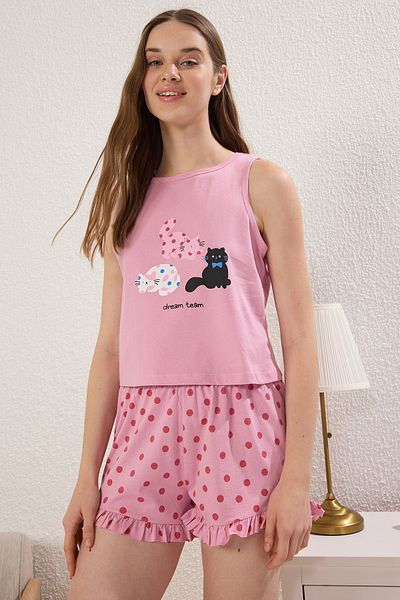 Trendyol Collection Pink Animal Single Jersey Shorts Knitted Pajamas Set Thmss25Pt00118