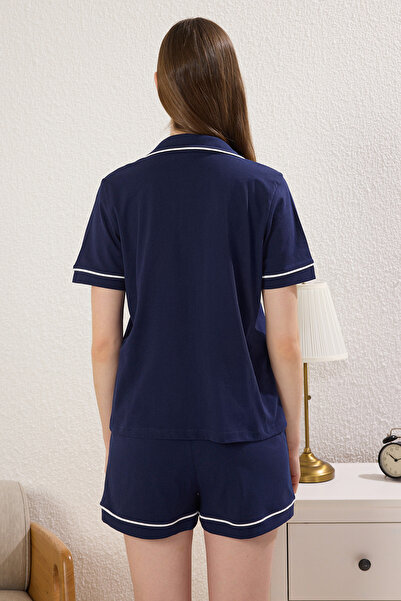 Trendyol Collection Navy Blue Bias Dog and Slogan Embroidered Shorts Knitted Pajamas Set Thmss25Pt00371