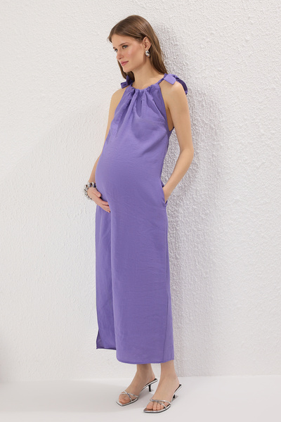 Trendyol Collection Μωβ Modal ίσιο κολάρο με λεπτομέρεια μάξι υφαντό φόρεμα TWOSS25EL00302