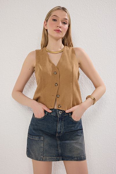 Trendyol Collection Fusta mini denim cu talie înaltă cu buzunar albastru TWOSS25ET00098
