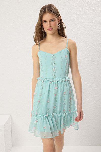 Trendyol Collection Φούστα λουλουδιών μέντας με σιφόν Flight Flight υφαντό μίνι φόρεμα TWOSS23EL01782