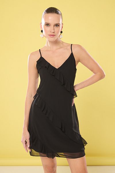 Trendyol Collection Černé jednoduché volánkové mini tkané šaty TWOSS25EL00407