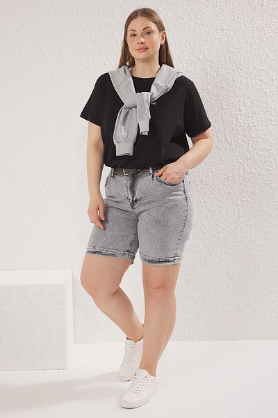 Trendyol Curve Šedé šortky s vysokým pasem a elastickým pasem Denim Plus Size Tbbss25Ap00021