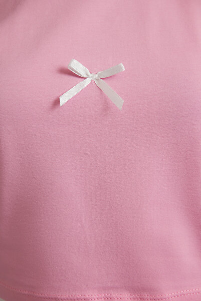 Trendyol Collection Πλεκτό μπλουζάκι Pink Crop - Κοντό μανίκι, Λεπτομέρεια φιόγκου TWOSS24TS00248