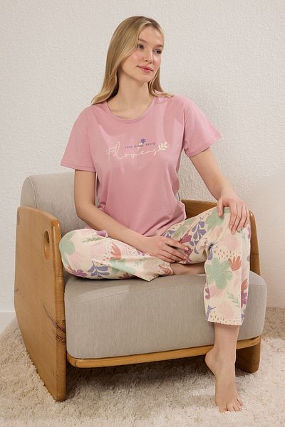 Trendyol Collection Pink Cotton Floral Slogan Knitted Pajama Set