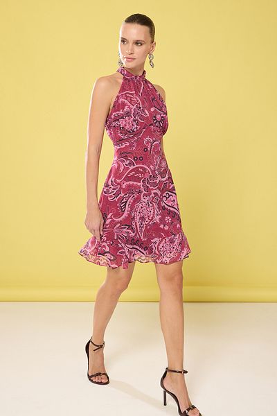 Trendyol Collection Μίνι υφαντό φόρεμα με λουλουδάτο βολάν δαμάσκηνου TWOSS23EL02293