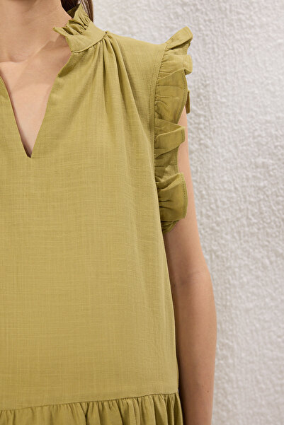 Trendyol Curve Льняне ткане плаття для вагітних хакі для вагітних плюс розмір TBBSS25AH00154