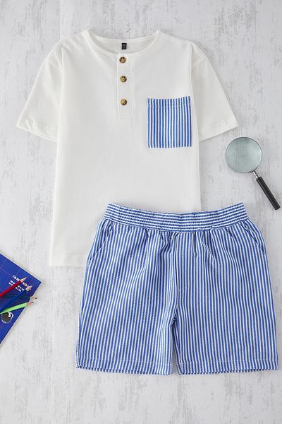 TRENDYOLKIDS Boy Ecru 100% Cotton Stripe T-Shirt Shorts Tkdss25Au00110