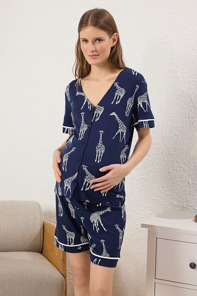 Trendyol Collection Marineblaues, gestricktes Umstands- und Umstandspyjama-Set mit V-Ausschnitt und Bauchmuskeln TBBSS25AI00062