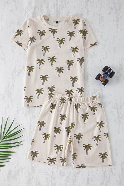 TRENDYOLKIDS Stone Boy Palm Pattern T-Shirt-Shorts Knitted Pajamas Set Tkdss25Au00117