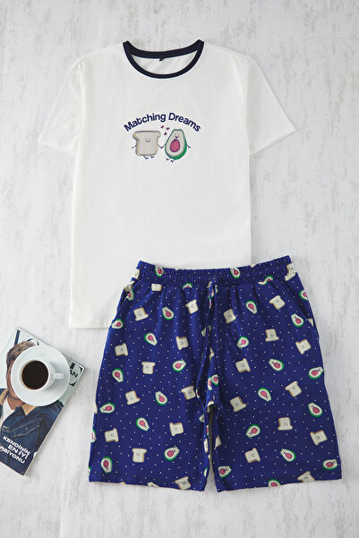 Trendyol Collection Ecru - Navy Blue Regular Fit Printed Couple/Pair Knitted Shorts Men's Pajama Set Tmnss25Pt00051