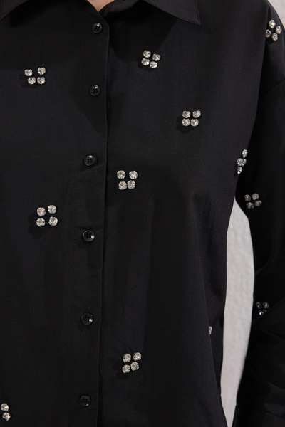 Trendyol Modest Black Stone Accessory Detailed Woven Shirt Tctss25Tg00007