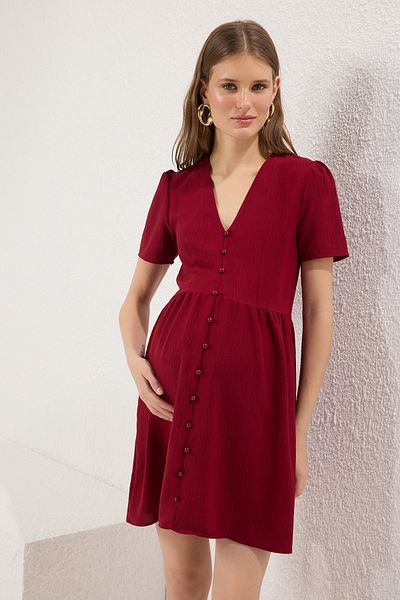 Trendyol Collection Μπορντό σε γραμμή Α με κουμπιά με λεπτομέρεια V-λαιμόκοψη Mini Aerobin Woven Φόρεμα TWOSS25EL00401