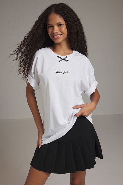 Trendyol Collection Oversize White Embroidery and Bow Detail Knitted T-Shirt - Twoss25Ts00118