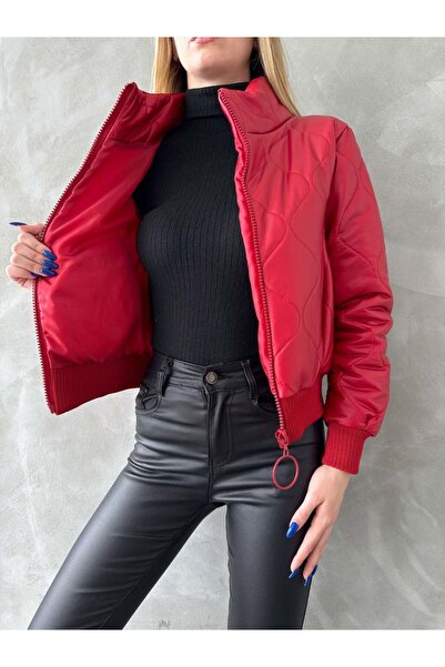 Caddebostan Moda Red Zippered Leather Mock Neck Modern Premium Luxury Trend Design Jacket