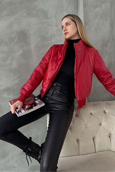 Caddebostan Moda Red Zippered Leather Mock Neck Modern Premium Luxury Trend Design Jacket