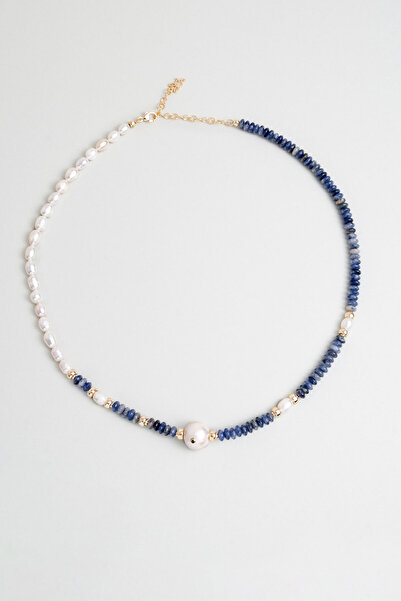 So CHIC... Sodalit ve İnci Taşlı 18 Ayar Sarı Altın Kaplama 45 Cm Gümüş Kolye