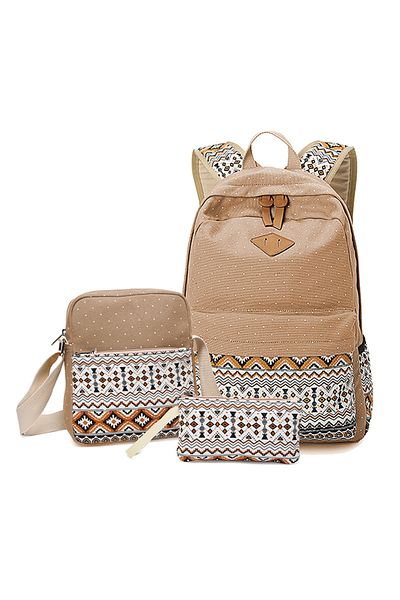 fulina Canvas Backpack,3 in 1 New Style Printed Zipper Students Backpack Set,Khaki