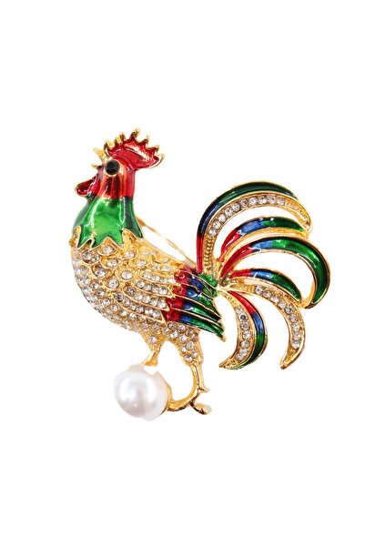 KEEBA Yeni günün müjdesi horoz broş, Gold renkli kristal taşlı incili unisex ...