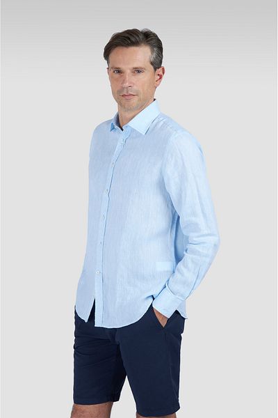 PAUL&SHARK Men's Regular Fit 100% Linen Solid Long Sleeve Blue Shirt 25413006 Cf-364