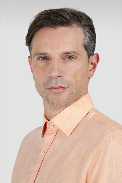 PAUL&SHARK Men's Regular Fit 100% Linen Solid Long Sleeve Orange Shirt 25413006 Cf-576