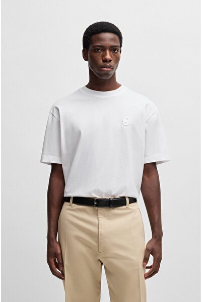 BOSS Erkek Rahat Kesim Monogram Logolu Yuvarlak Yaka Kısa Kollu Beyaz T-Shirt...