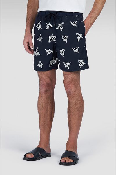 PAUL&SHARK Men's Elastic Waist Shark Patterned Navy Blue-White Swim Shorts